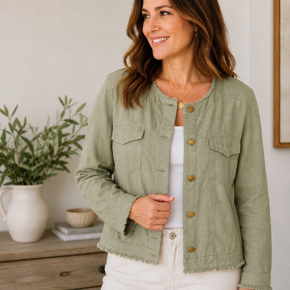 Ellen Tracy Desert Sage Frayed Trim Linen Blend Jacket Sz PXL NWT